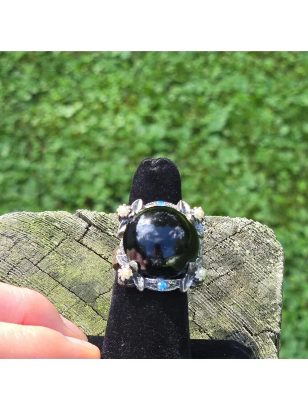 Vintage Gothic Black Cabochon Statement Ring  faux Pearls Blue Rhinestones Snake